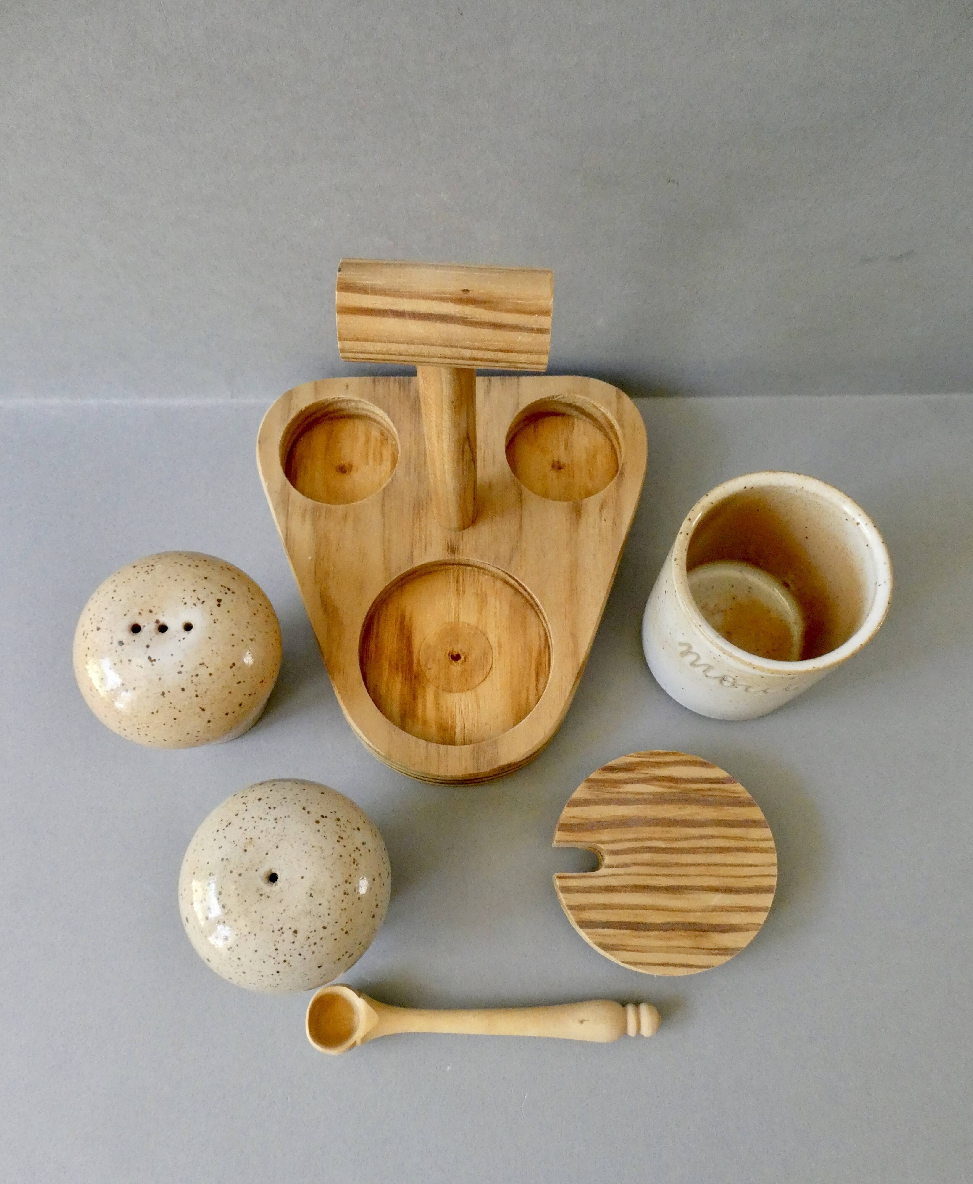 Salt, pepper and mustard set, sandstone from Marais France