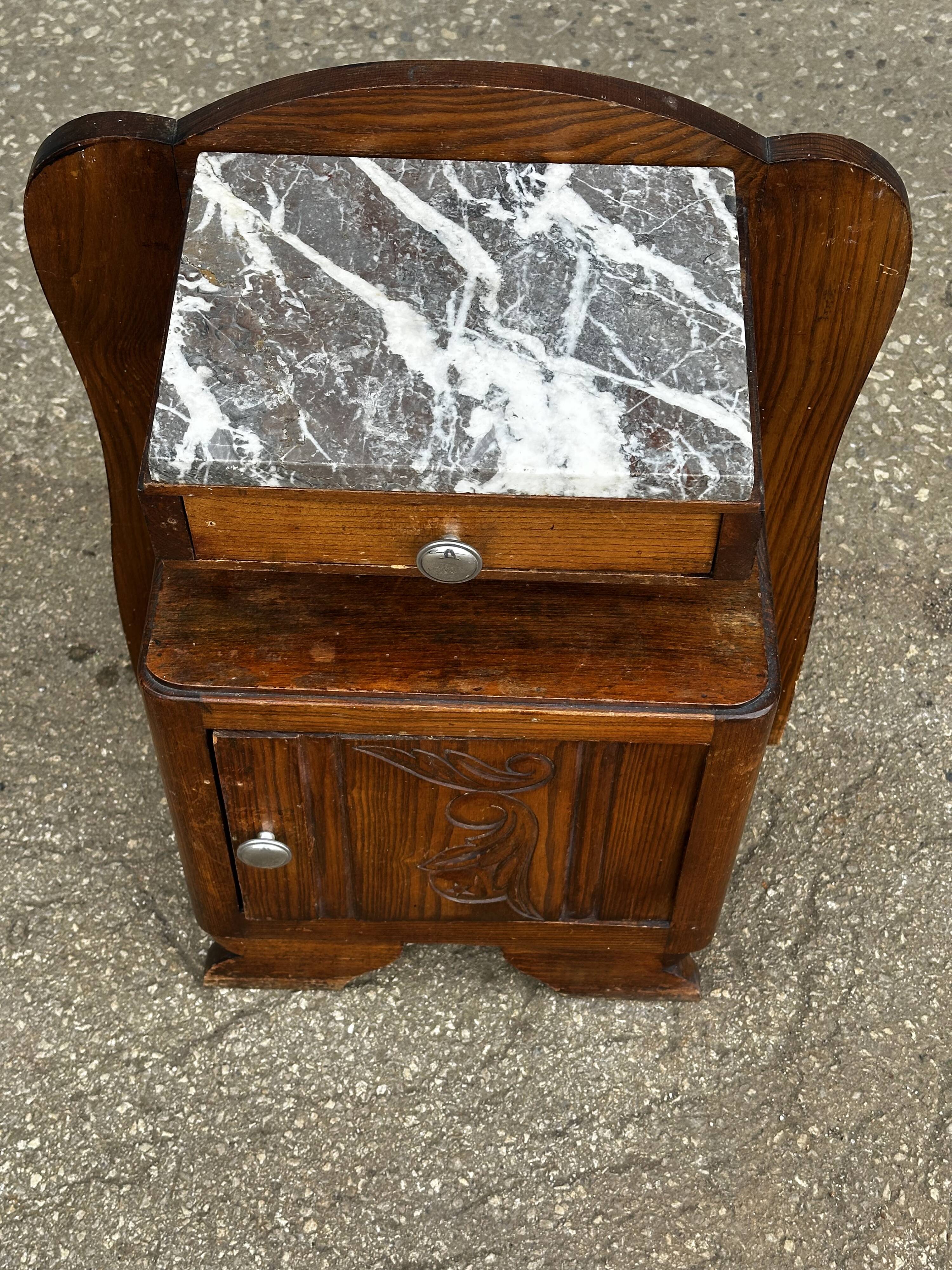 Art Deco bedside table in oak and marble