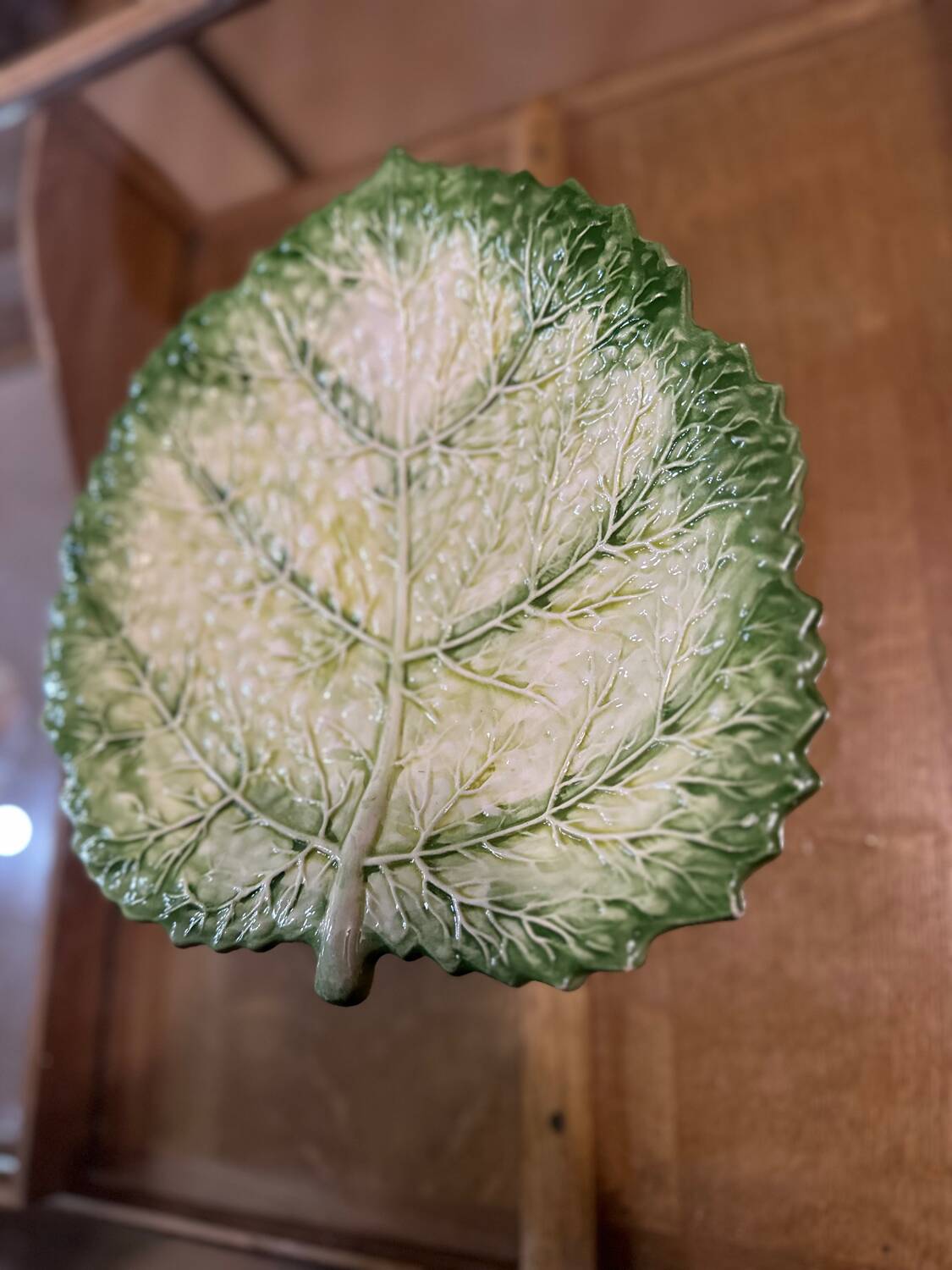 Vintage Signed GV Ceramic Barbotine Cabbage Leaf