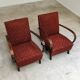 Pair of H410 Type C burgundy armchairs by Jindrich Halabala for Thonet