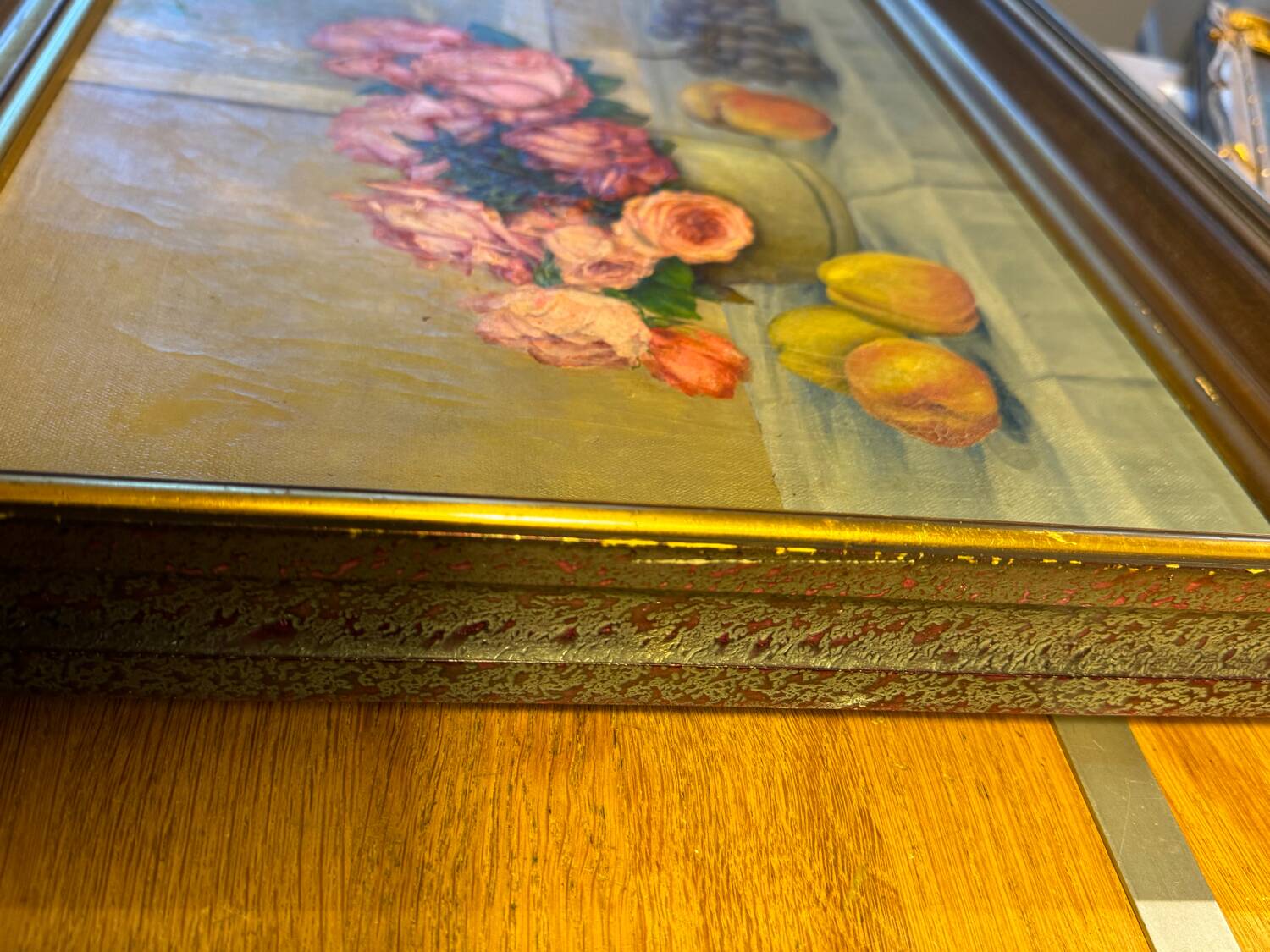 Old painting, Still life or roses and fruits, early 20th century