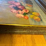 Tableau ancien, Nature morte ou roses et fruits début XX siècle