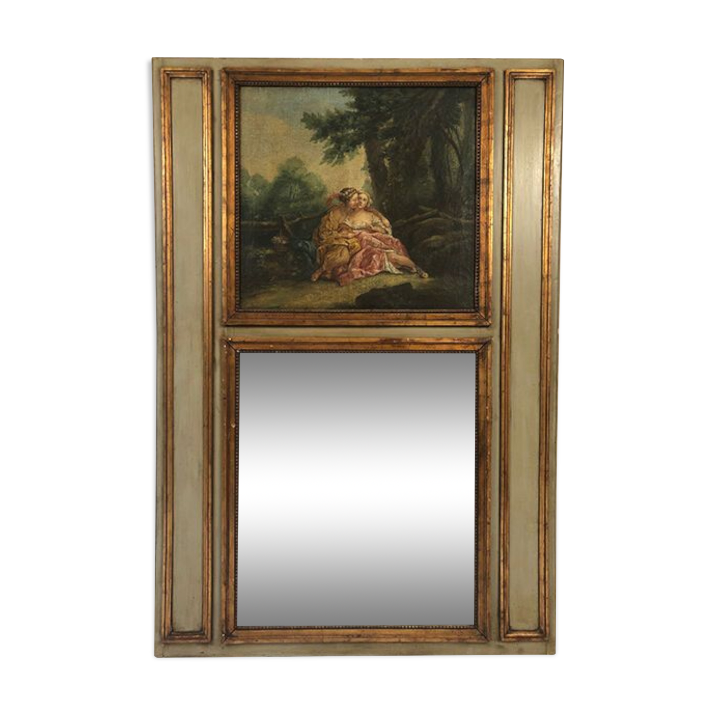 Trumeau in green lacquered wood, gold rechampi Louis XVI style, Nineteenth