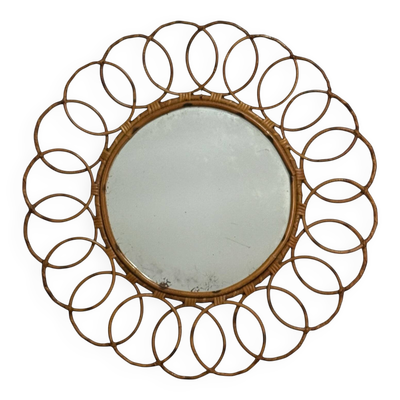 Miroir rond en rotin, France années 50