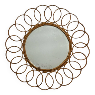 Round rattan mirror from the 1950s France