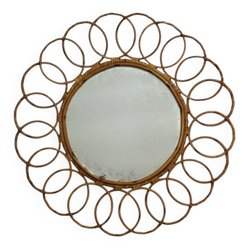 Miroir rond en rotin, France années 50