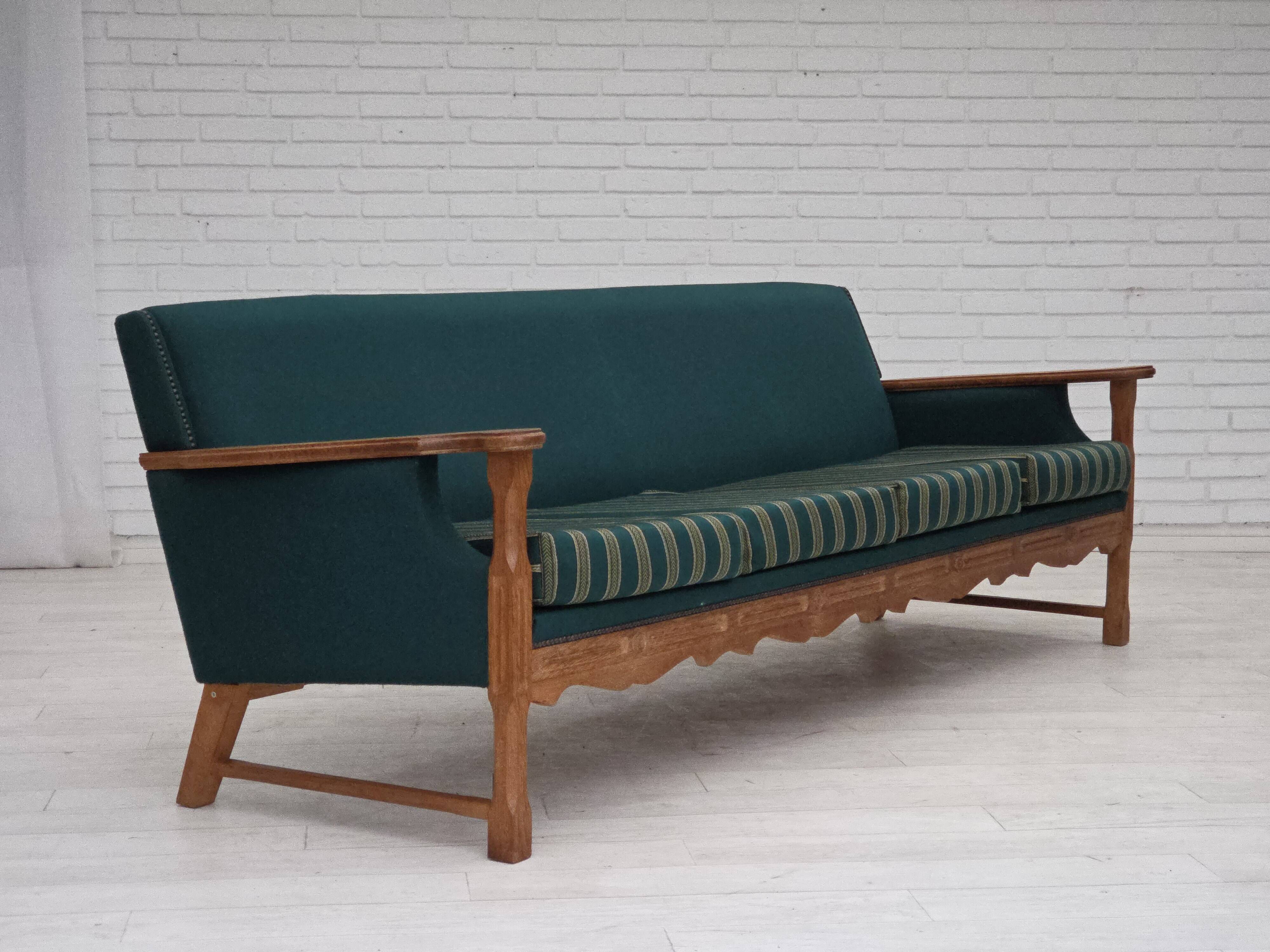 1970s, Danish 4-seater sofa, furniture wool, solid oak wood.