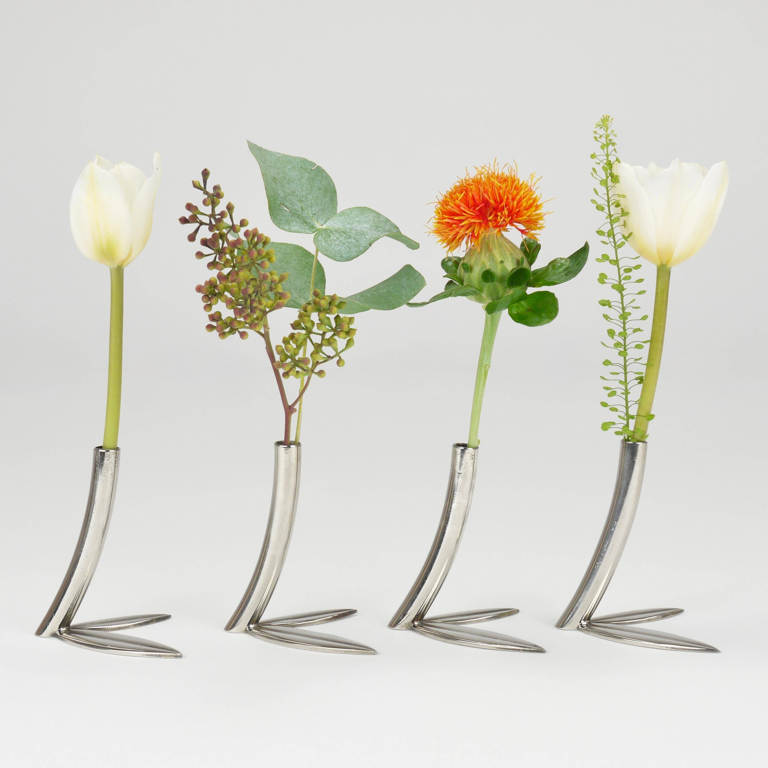 Werkstätte Hagenauer Up to 6 Soliflore Vases Leaf, Brass & Nickel, Vienna, 1960s