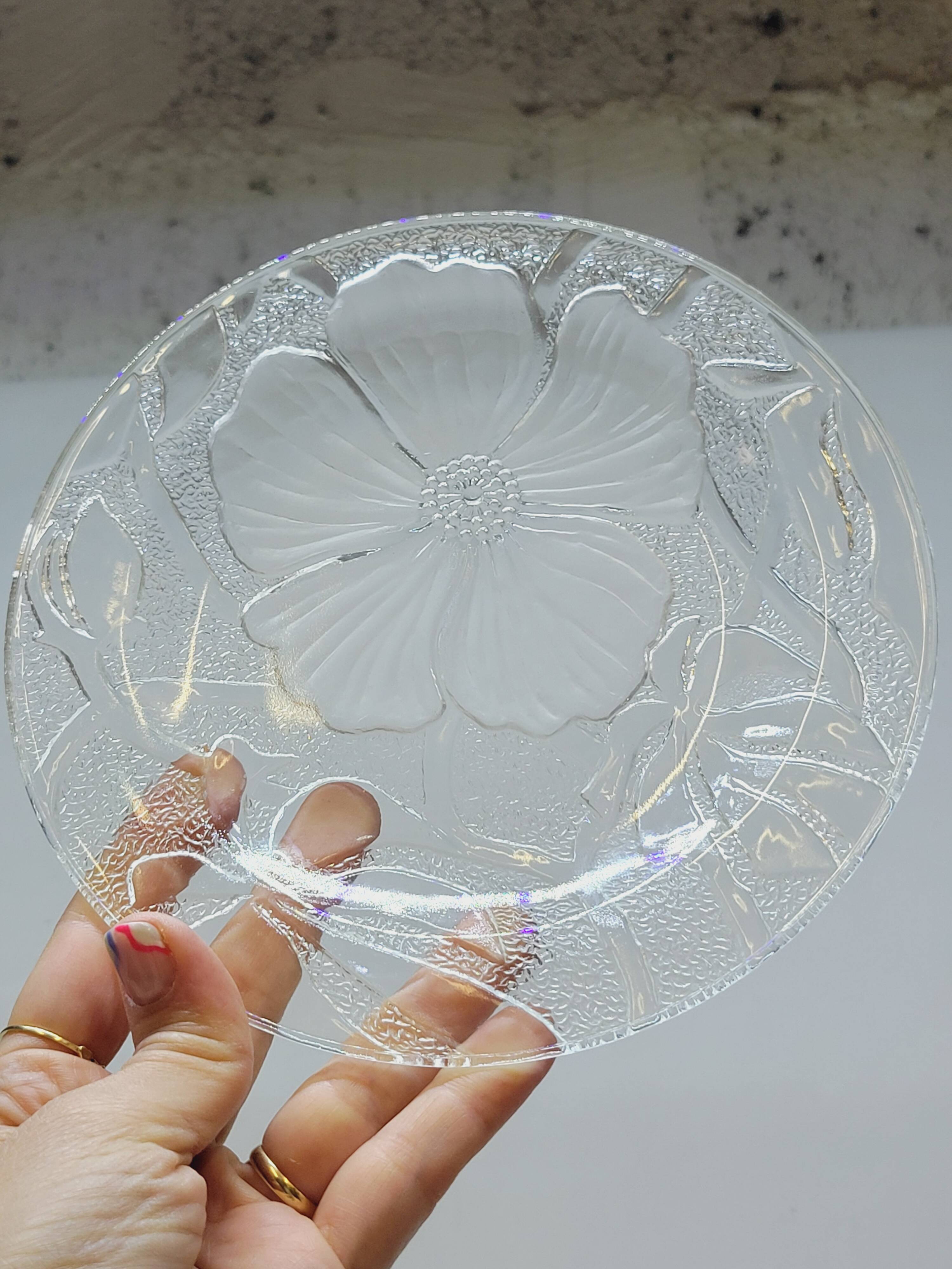5 Small Transparent Frosted Glass Plates Vintage Floral Decor Kig Indo