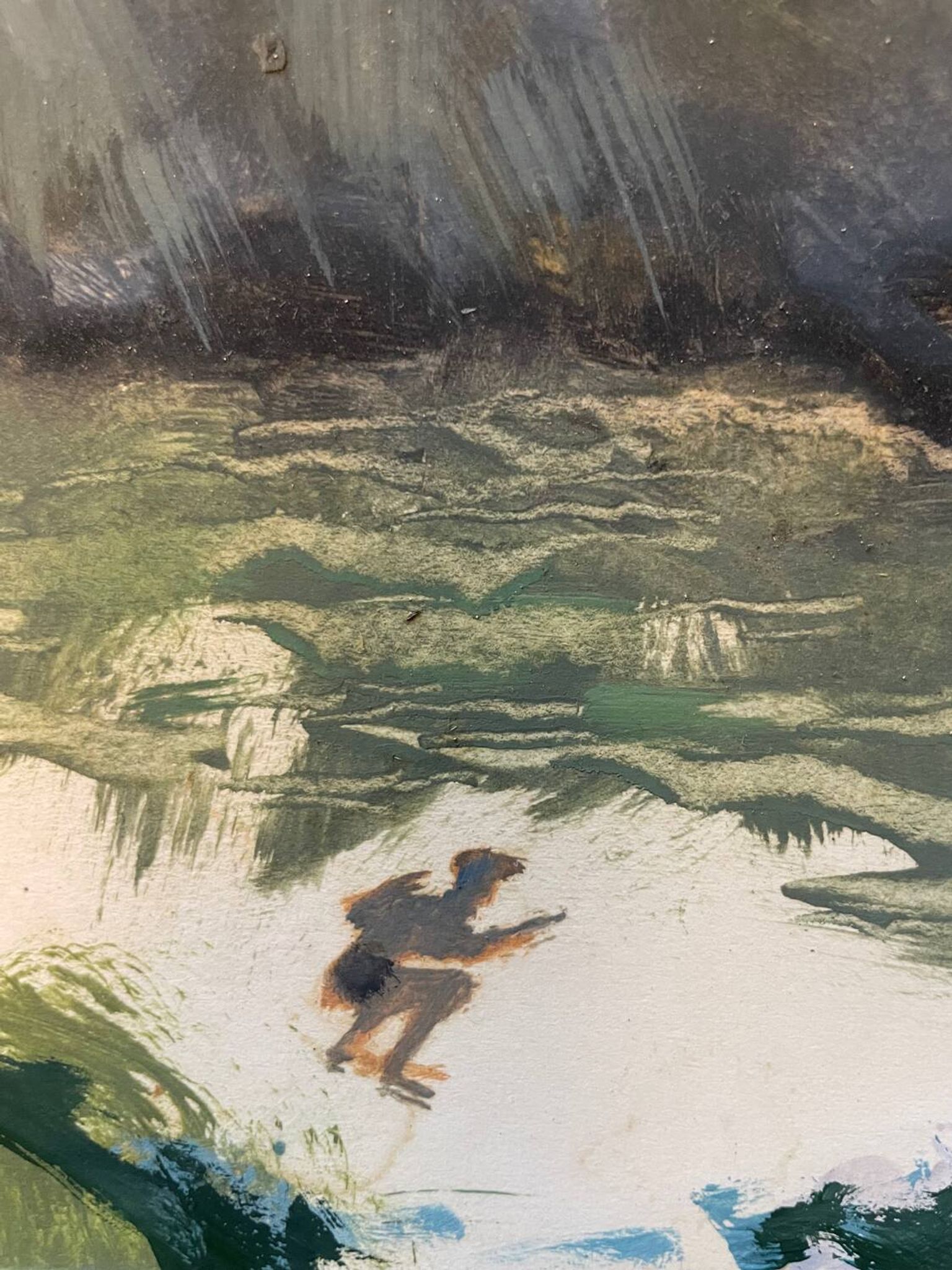 Tableau personnage se cachant dans la nature XXe