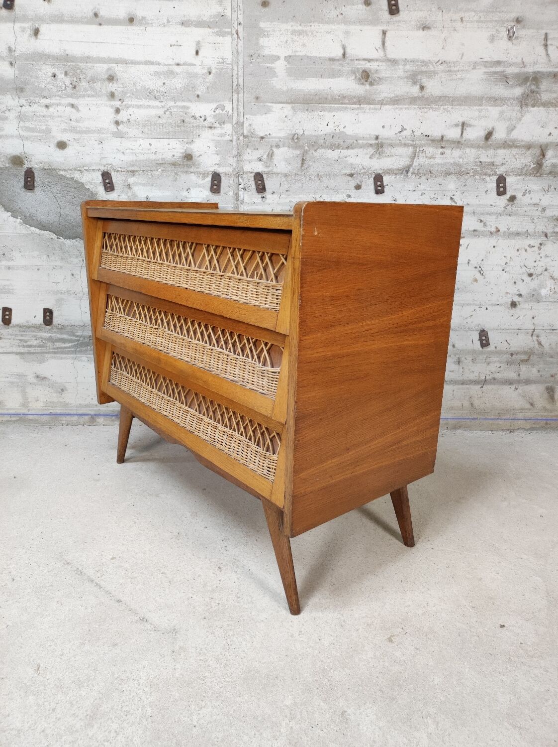 Vintage wood and rattan chest of drawers