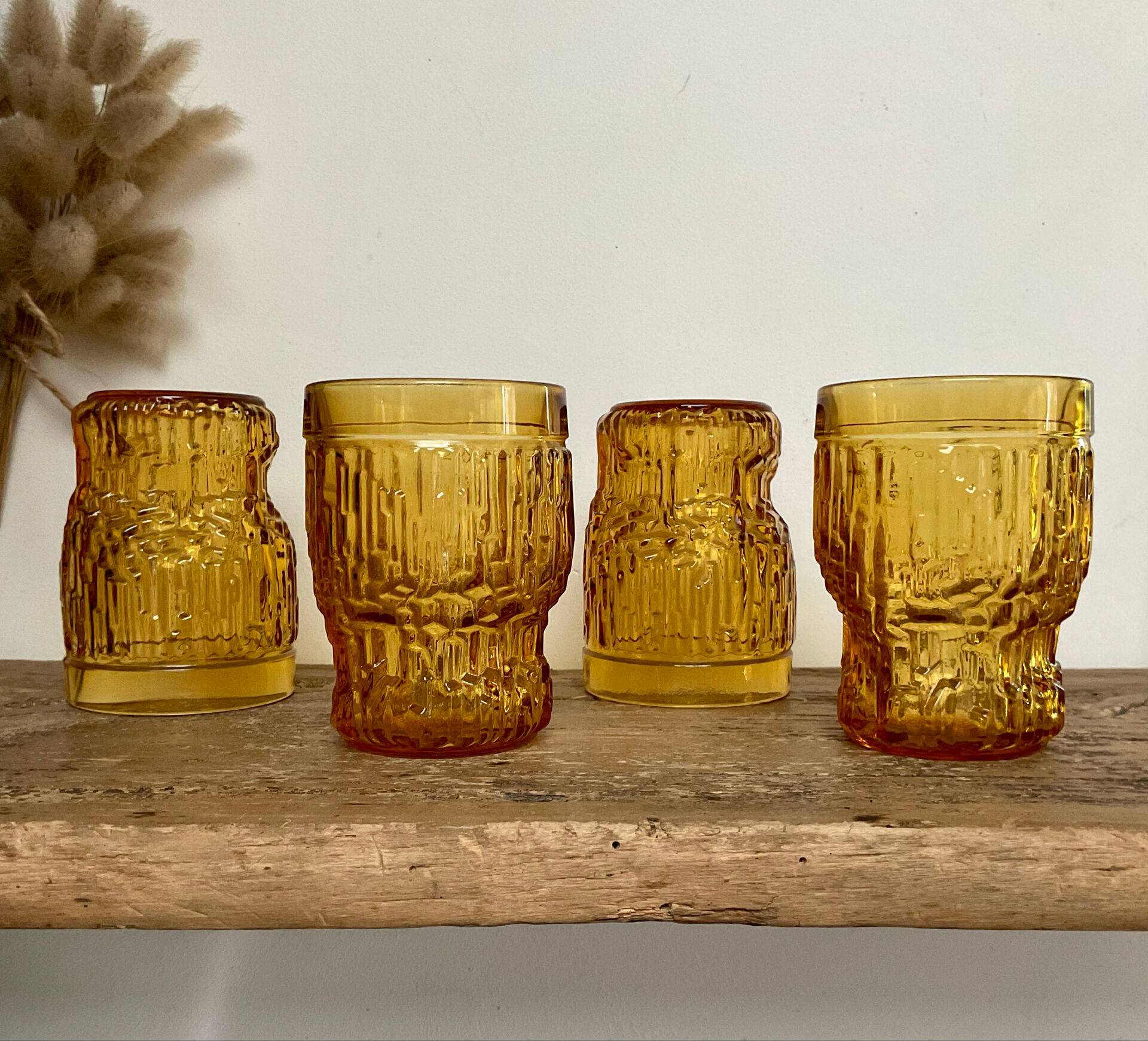 4 vintage amber glasses