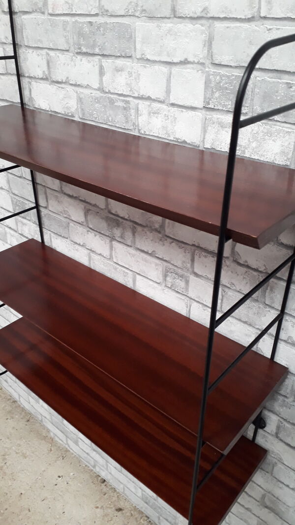 Etagere scandinave 1940 a 50 Tomado acier et 3 plateaux 65x19. Plaquage bois d acajou bisauté