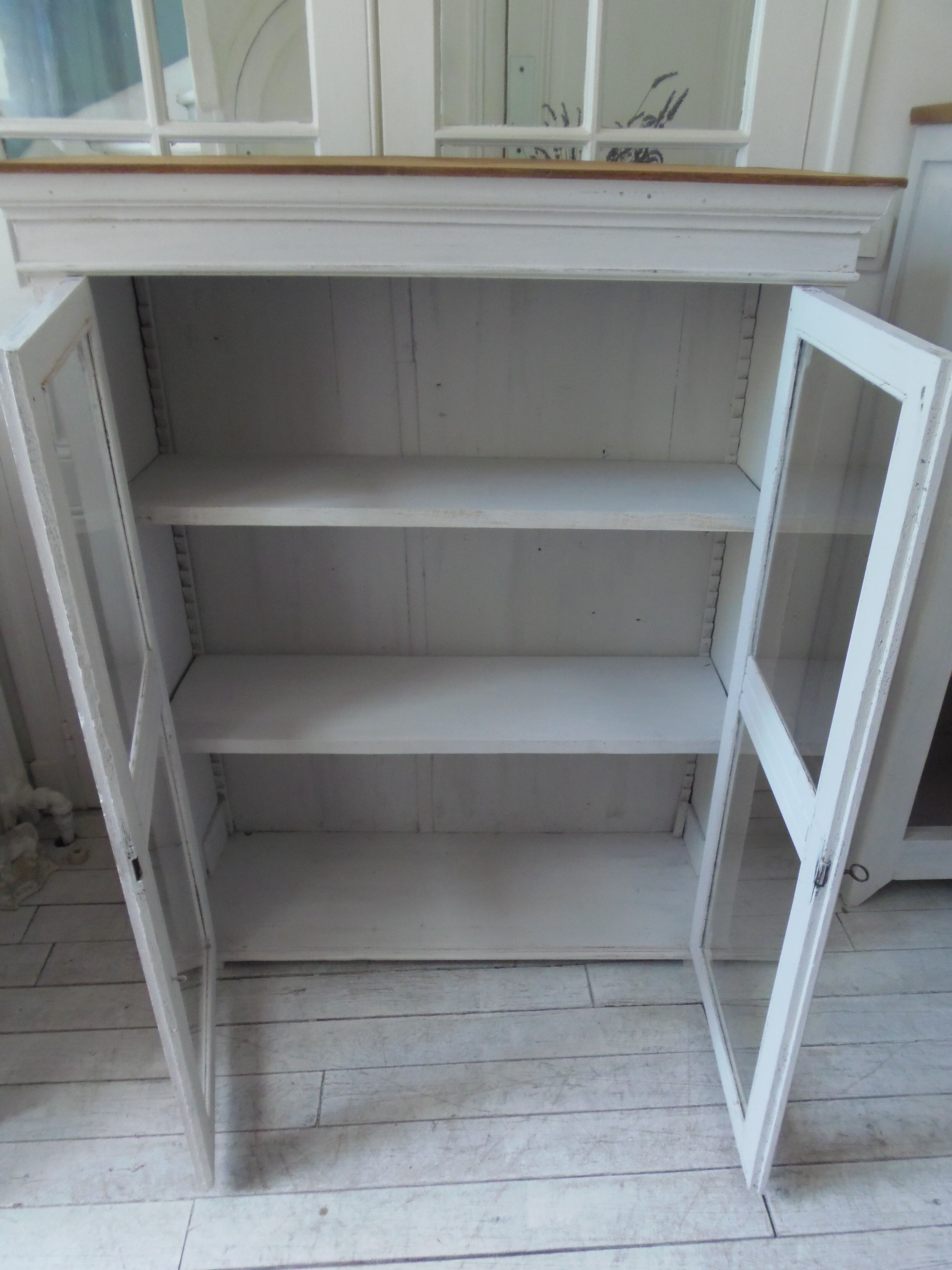 Showcase, bookcase, vintage pearl grey patinated cupboard, wooden top.
