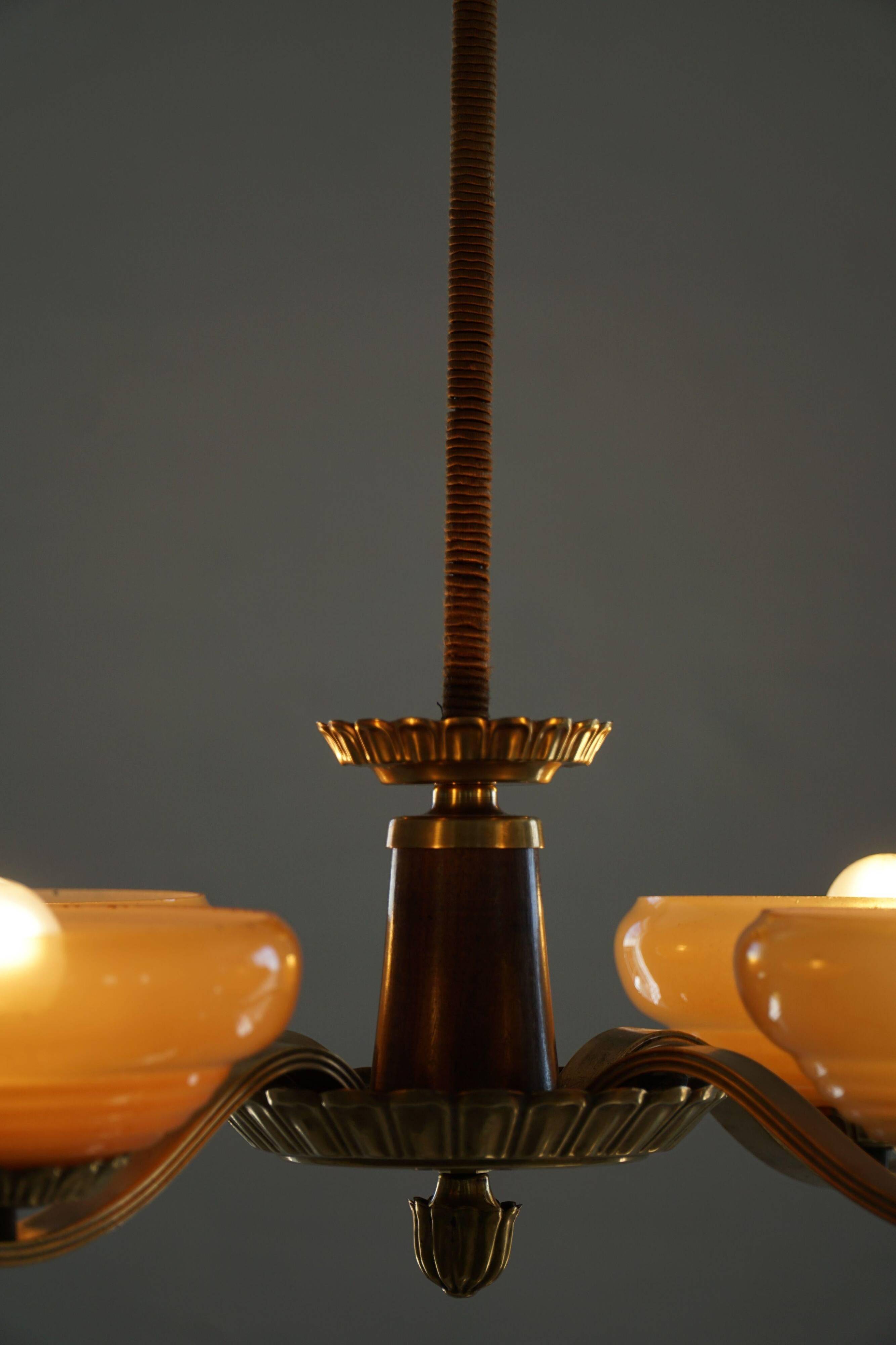 Art Deco chandelier with 4 arms in glass and brass, Sweden, 1940s