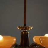 Art Deco chandelier with 4 arms in glass and brass, Sweden, 1940s