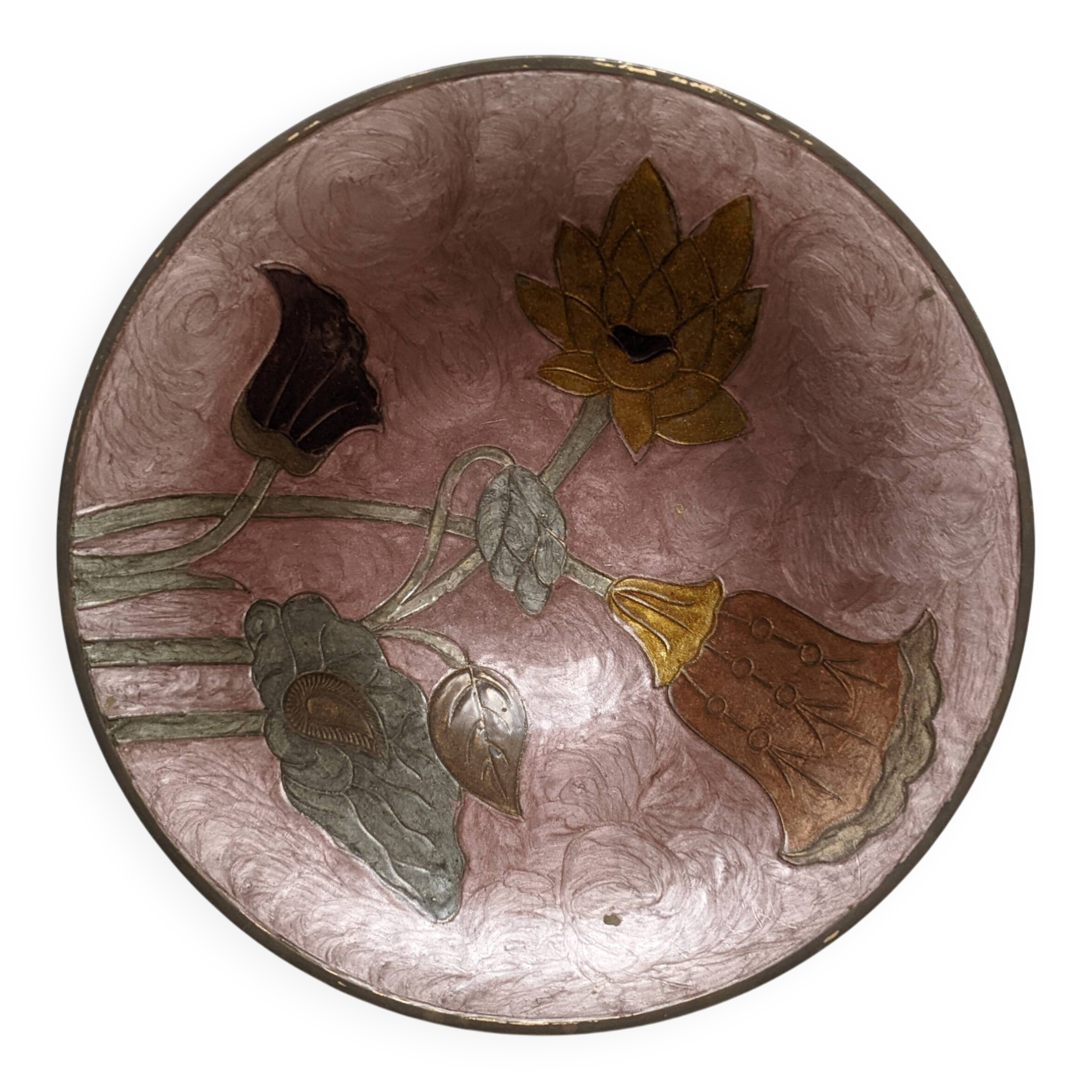 Brass bowl with hand-painted floral decoration, bohemian style.