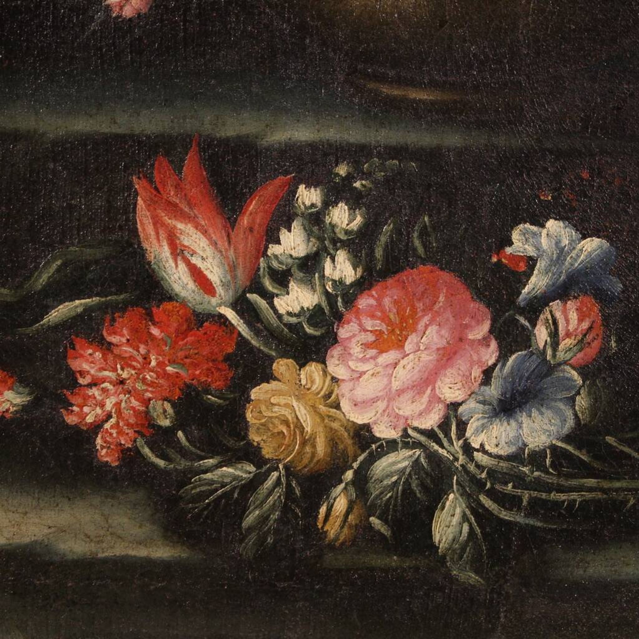 Antique Painting Still Life With Flowers And Fruit From The 18th Century
