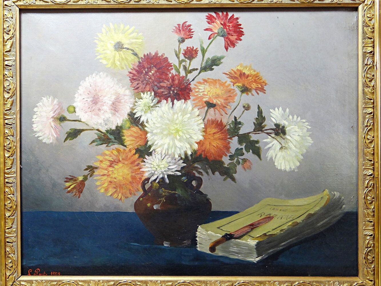 Oil painting on canvas, still life with chrysanthemums, signed L.Porte 1888.