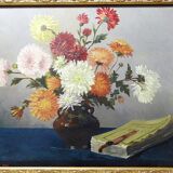 Oil painting on canvas, still life with chrysanthemums, signed L.Porte 1888.