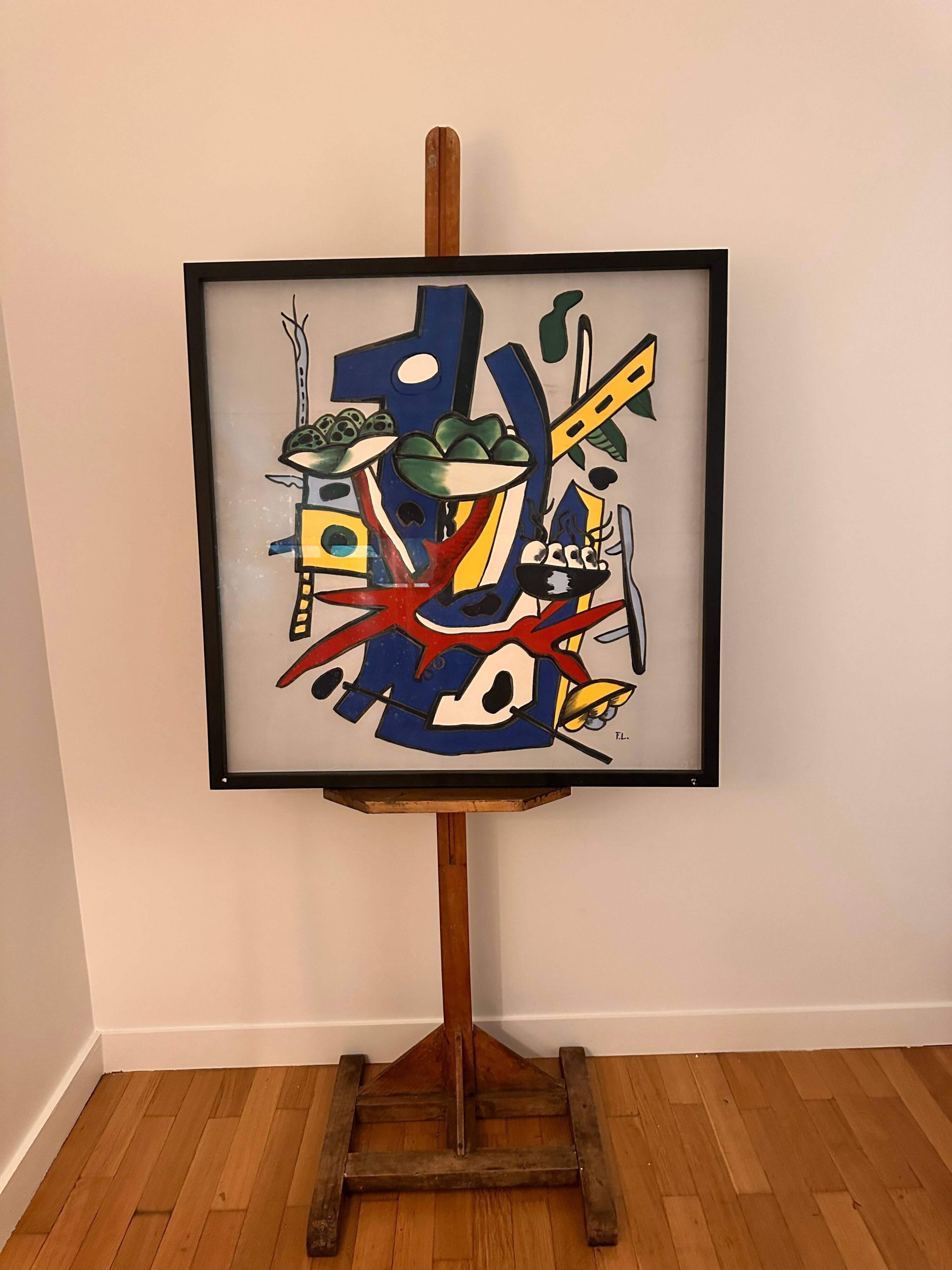 Impression sérigraphique encadrée sur soie, après Fernand Léger, composition moderne du milieu du siècle