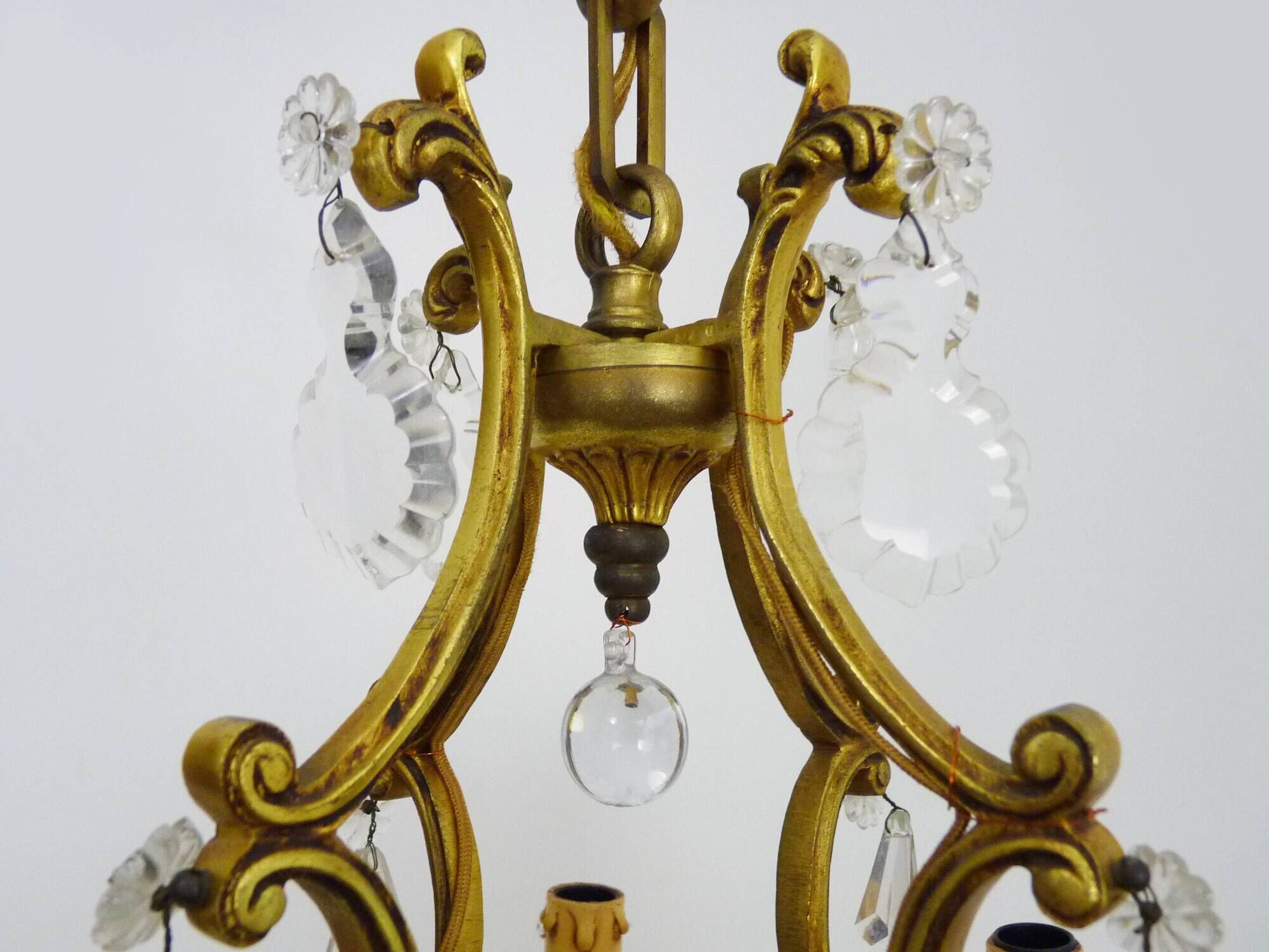 Bronze cage chandelier with glass pendants, 8 lights. tassel chandelier. 60s