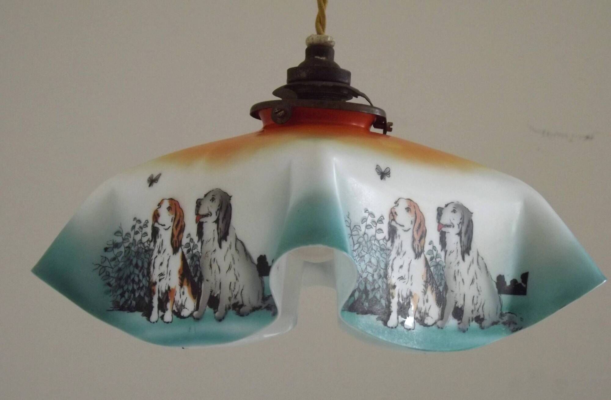 Rare French Art Deco Pendant Light | Illustrated Dog Countryside Shade