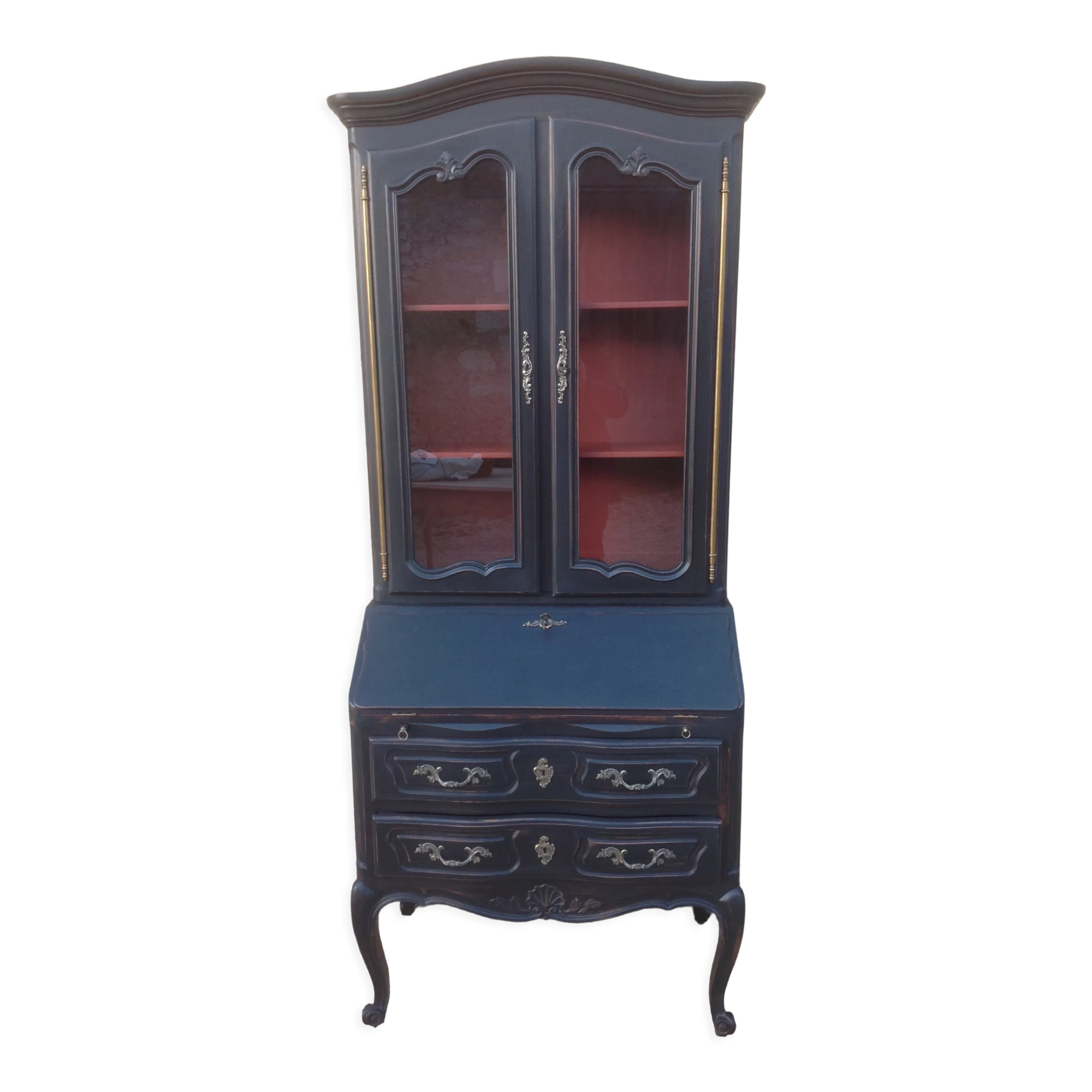 Louis XV style scriban bookcase in black and Basque red patinated cherry wood