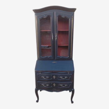 Louis XV style scriban bookcase in black and Basque red patinated cherry wood