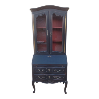 Bibliothèque scriban  de style Louis XV en merisier patinée noir et rouge basque