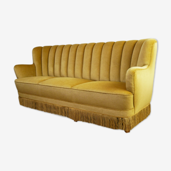 1930’s danish art deco 3 seat yellow velour sofa