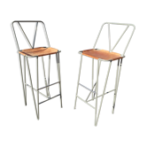 Pair of stools high bar stools leather and metal gray