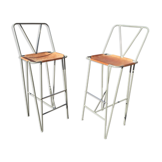 Pair of stools high bar stools leather and metal gray