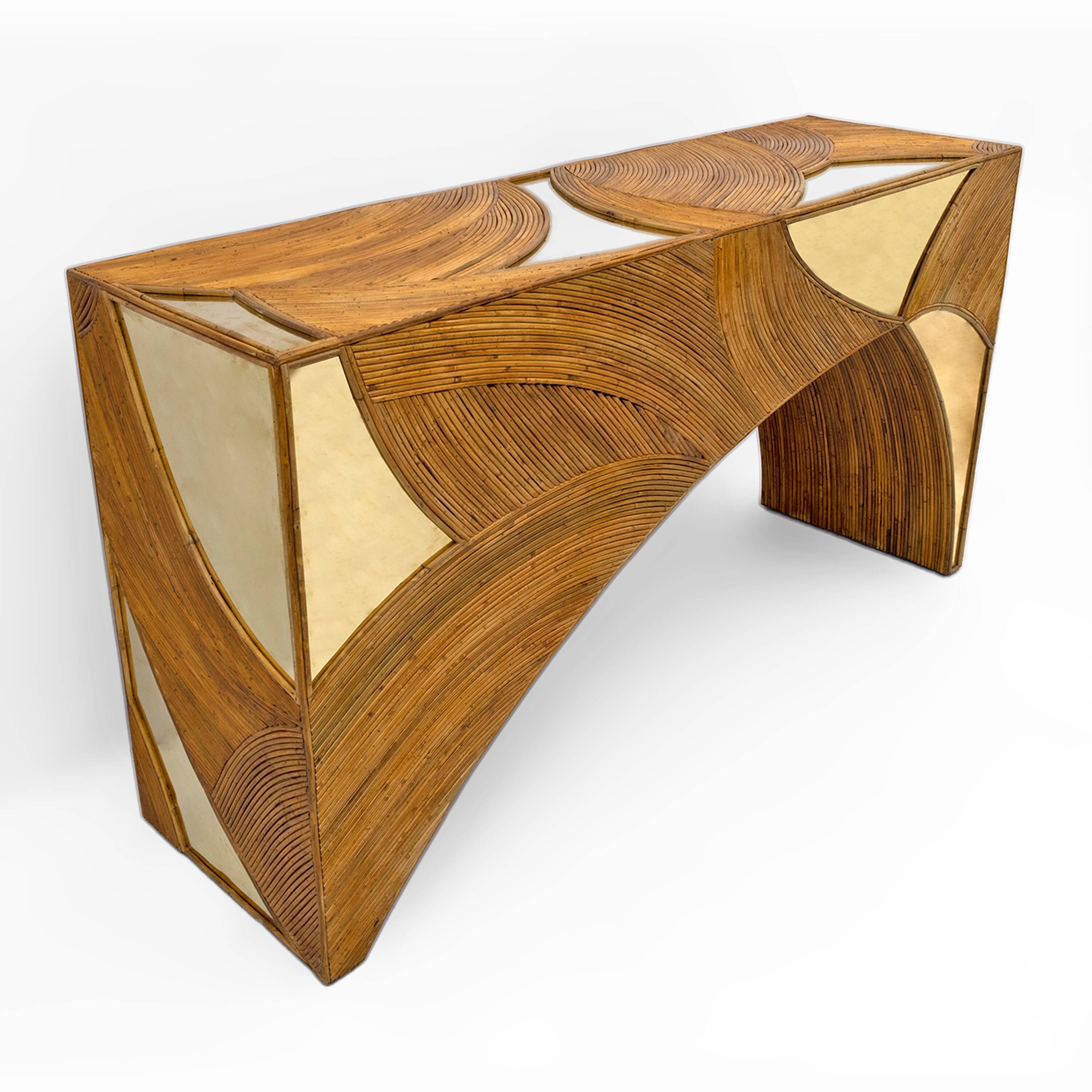 Mid-Century Modern Italian Rattan and Brass Center Console by Vivai del Sud