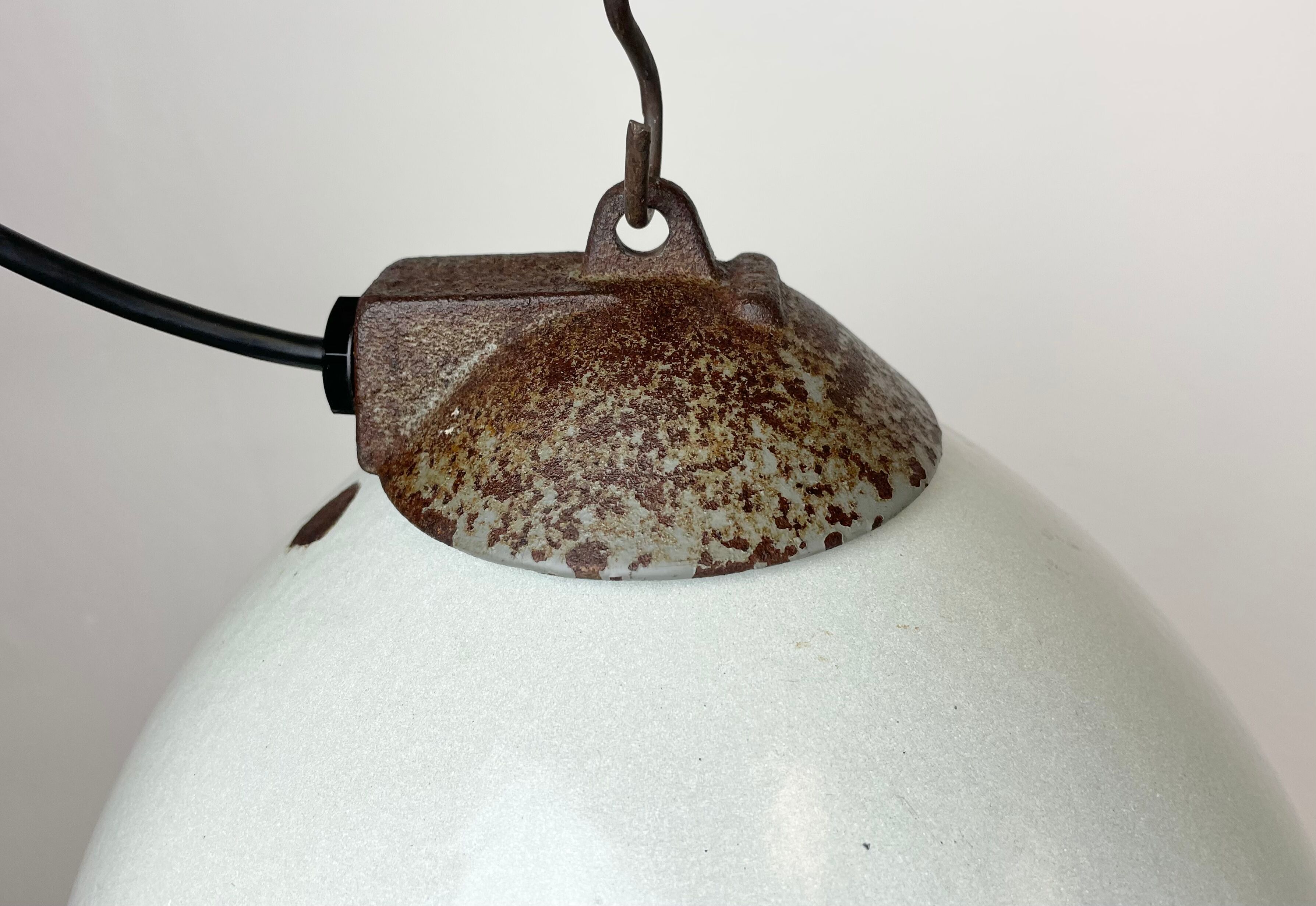Industrial White Grey Enamel Factory Lamp with Cast Iron Top, 1960s