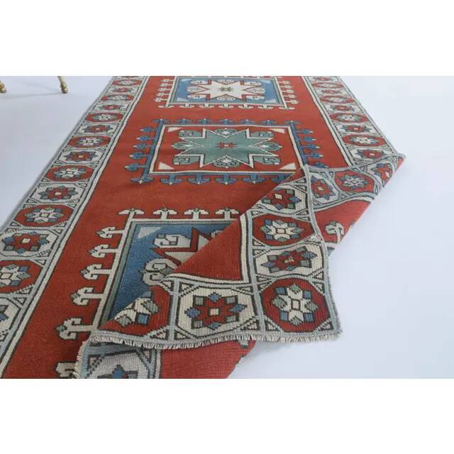 Vintage Turkish Hand-Knotted Wool Cotton Red Runner 110x193