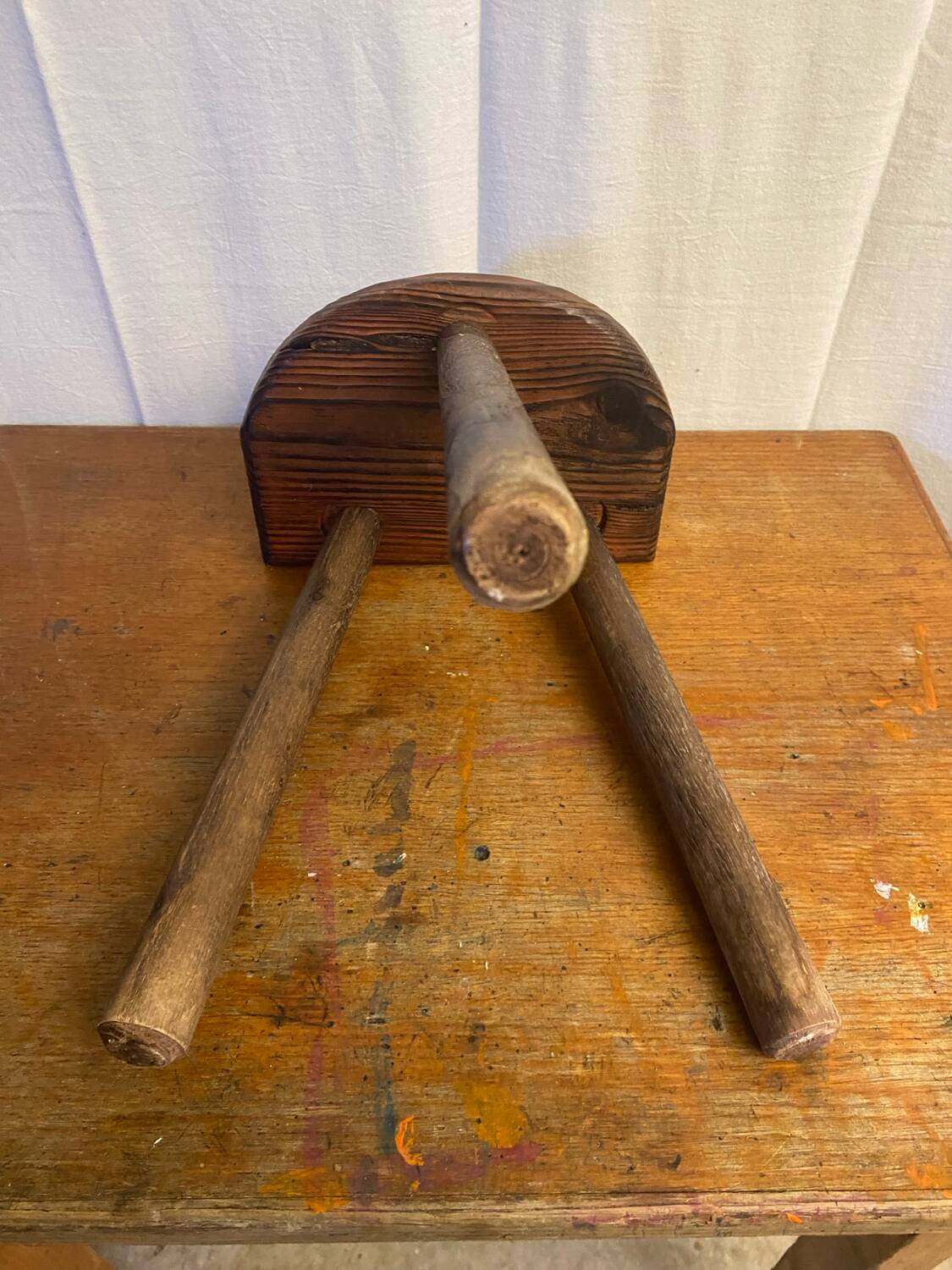Antique milking stool tripod wood half moon seat vintage
