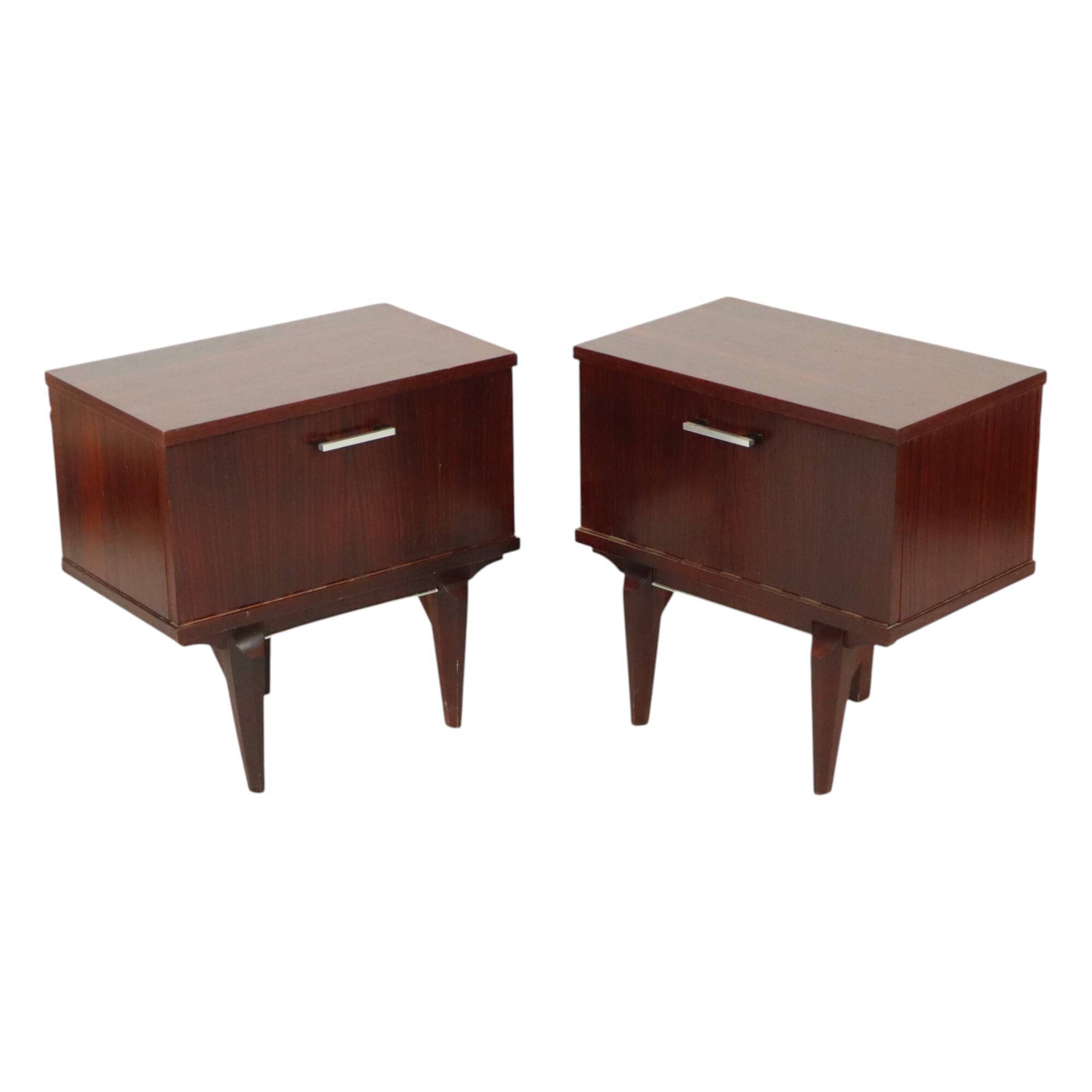 Pair of Vintage Bedside Tables Veneer Wooden Night Tables