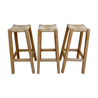 Lot of 3 high stool, bar, solid oak and mulched seat