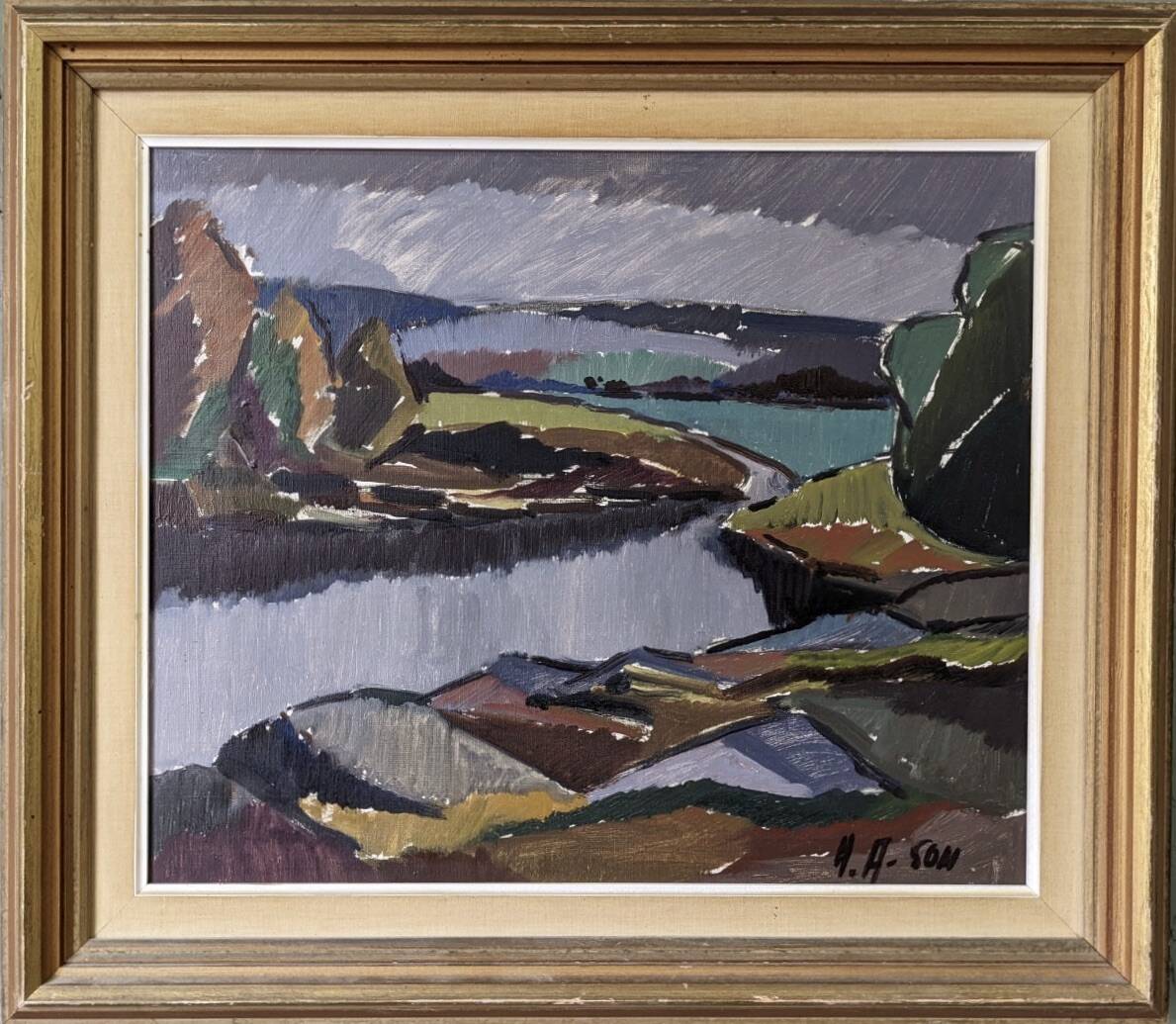 Mid-Century Modern "Meander" Vintage Expressionist River Landscape Oil Painting, Framed