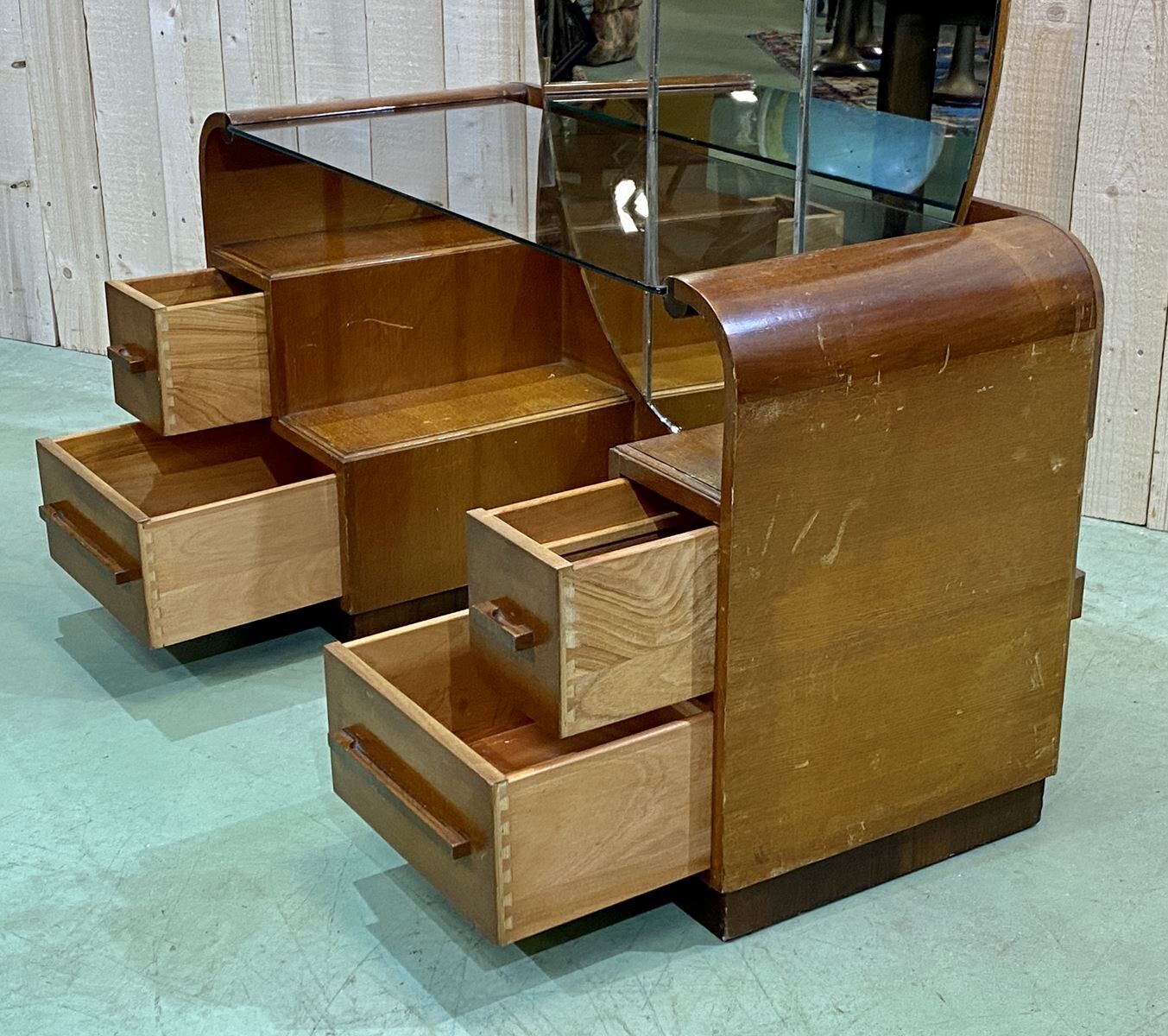 English art deco hairdresser in oak and walnut