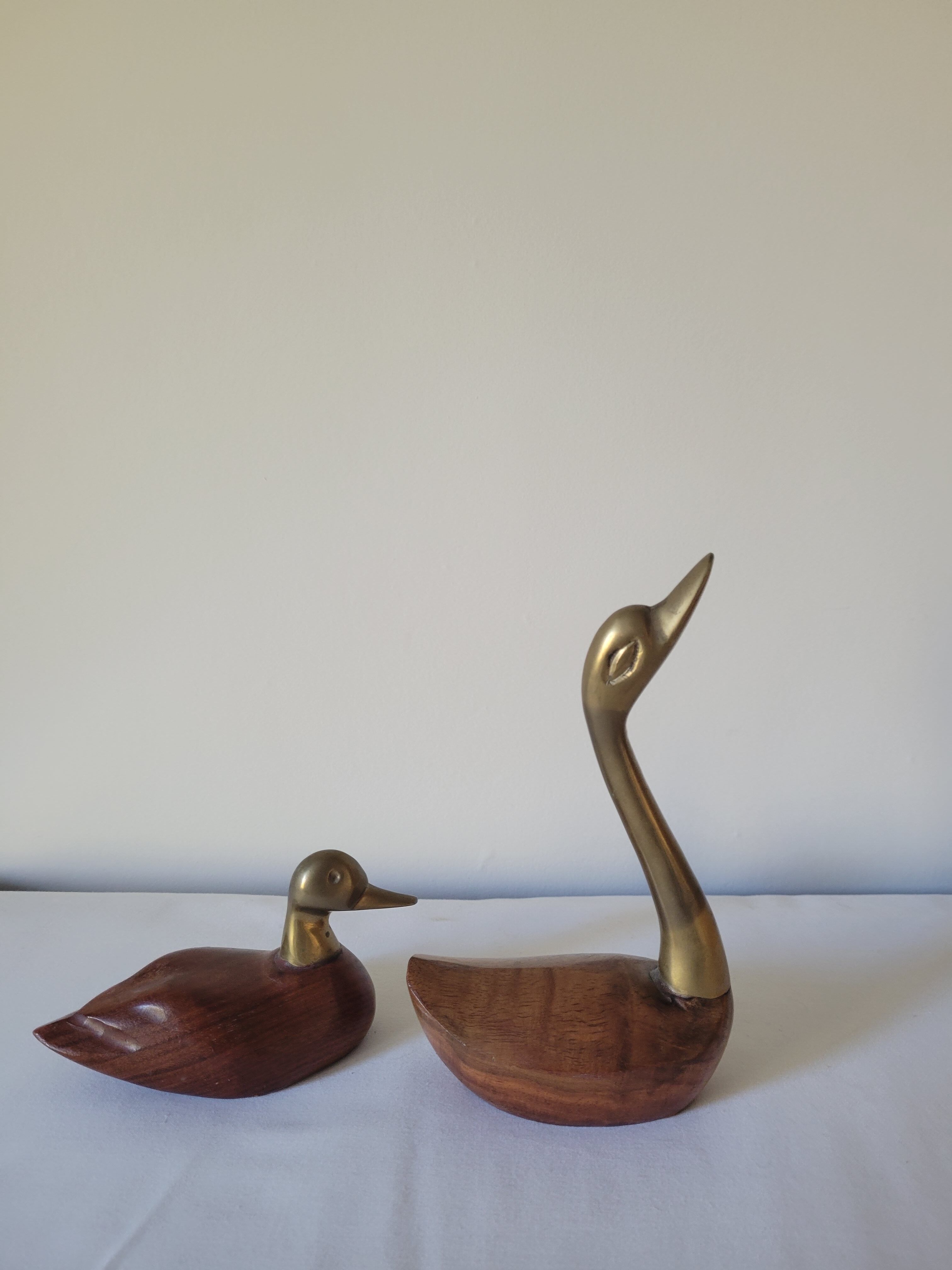 Duck and swan in brass and wood