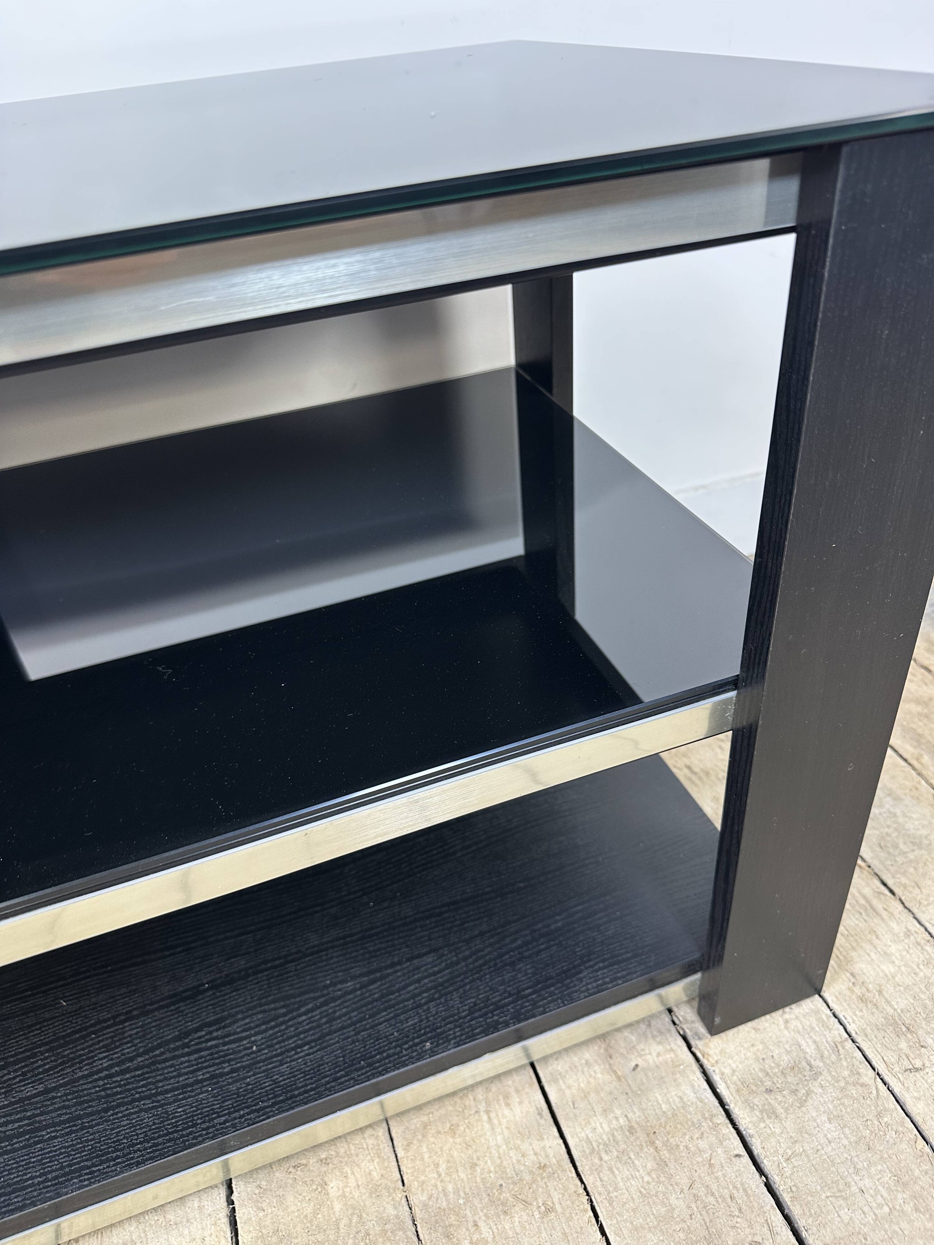 Tv hi-fi unit in black melamine and brushed aluminium, vintage 80s.