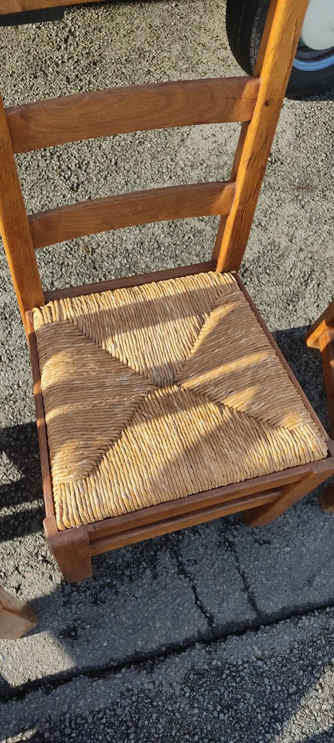 Ensemble de 4 chaises bois paille brutaliste