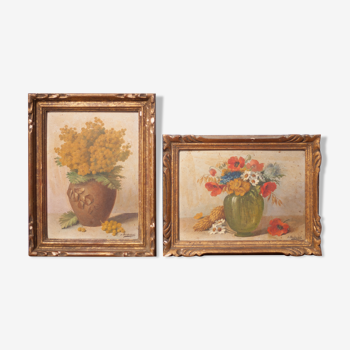 Pair of paintings signed still life, bouquet of flowers, mimosa, gilded wood frame