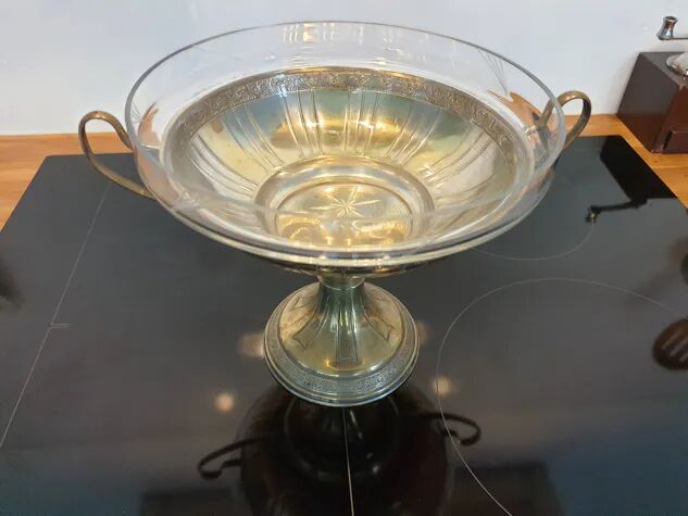 Art Deco brass cup and its engraved saucer.