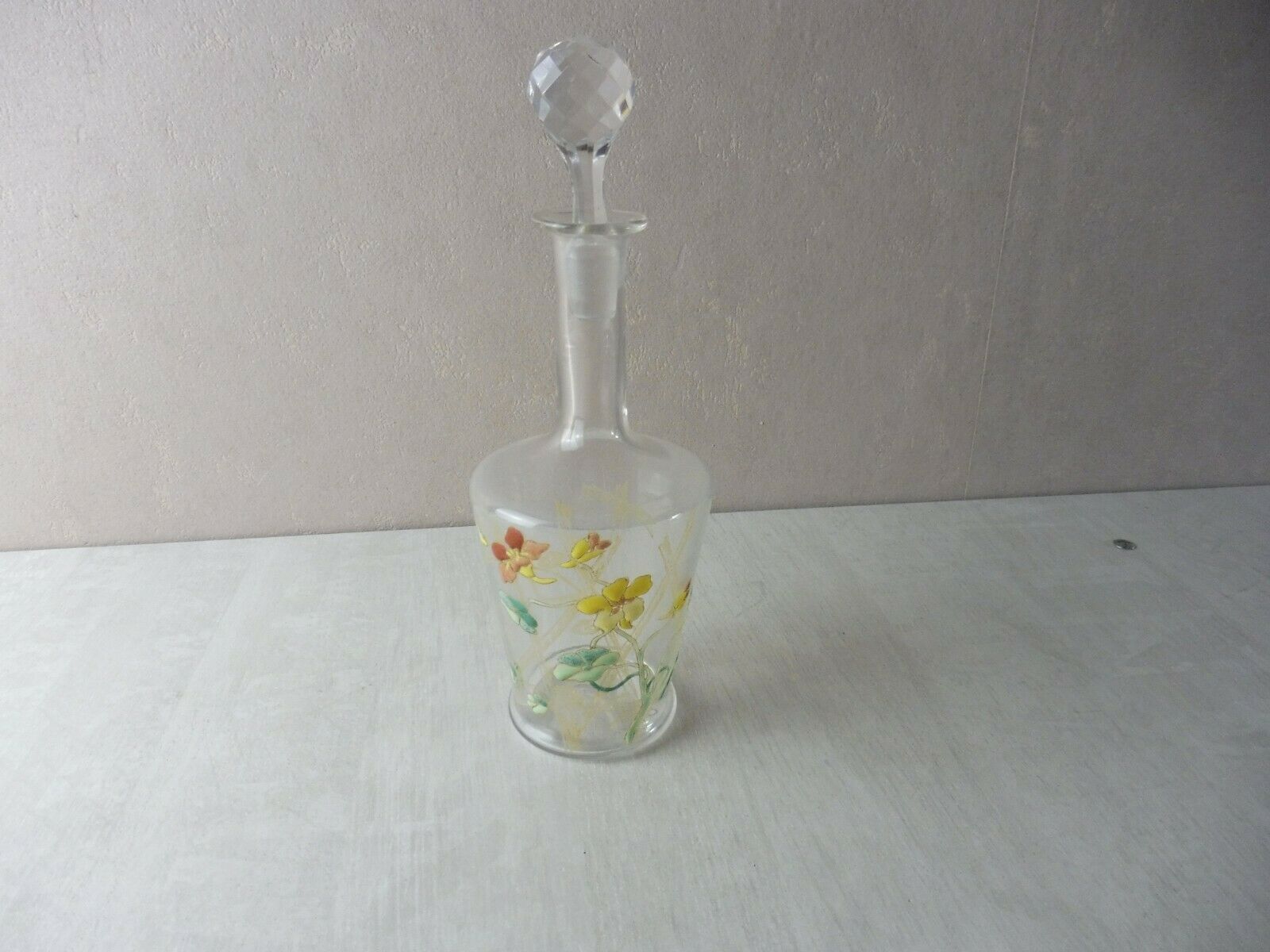 Old enamelled decanter, flower decoration, Legras