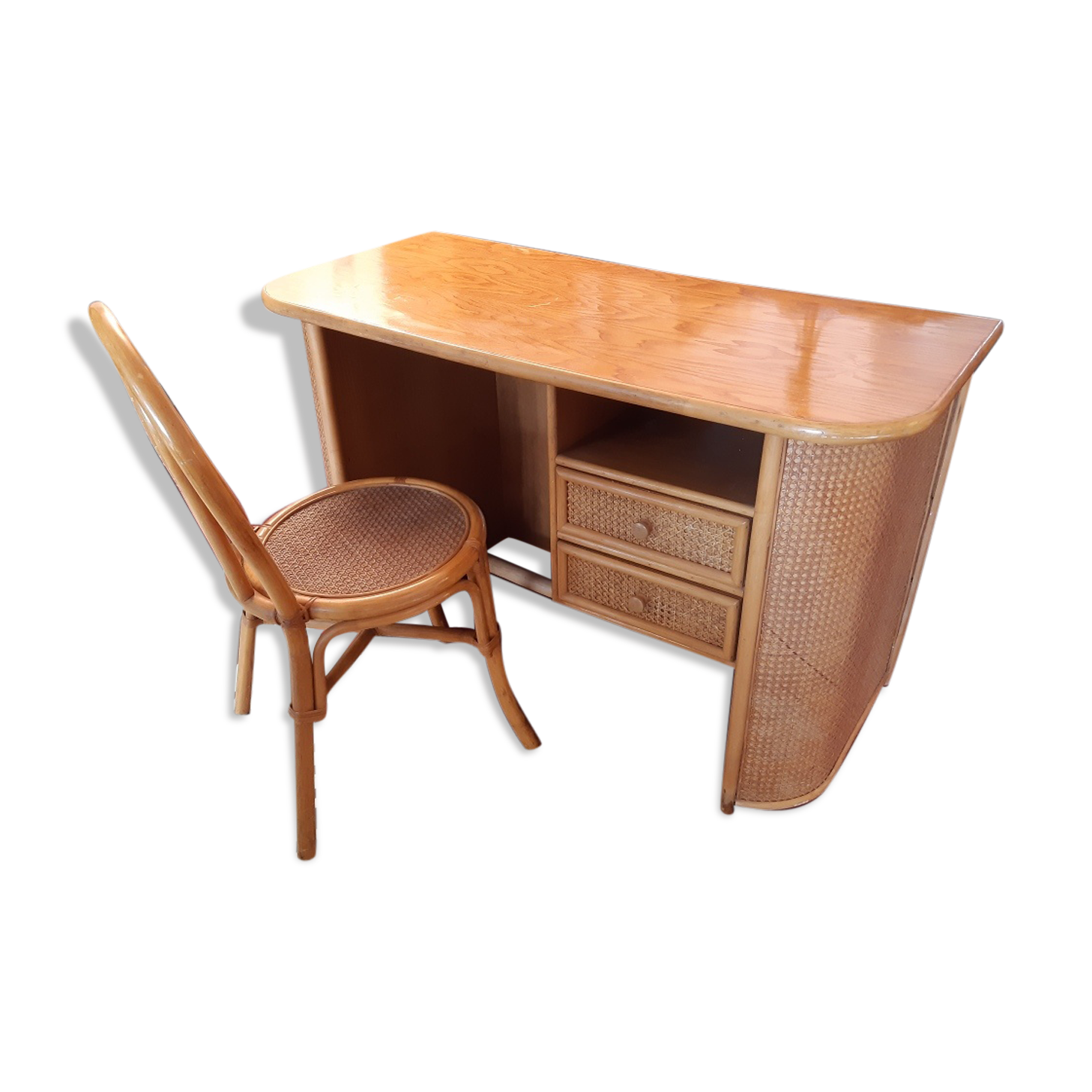 Desk with vintage rattan chair