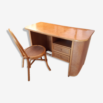 Bureau avec chaise rotin vintage