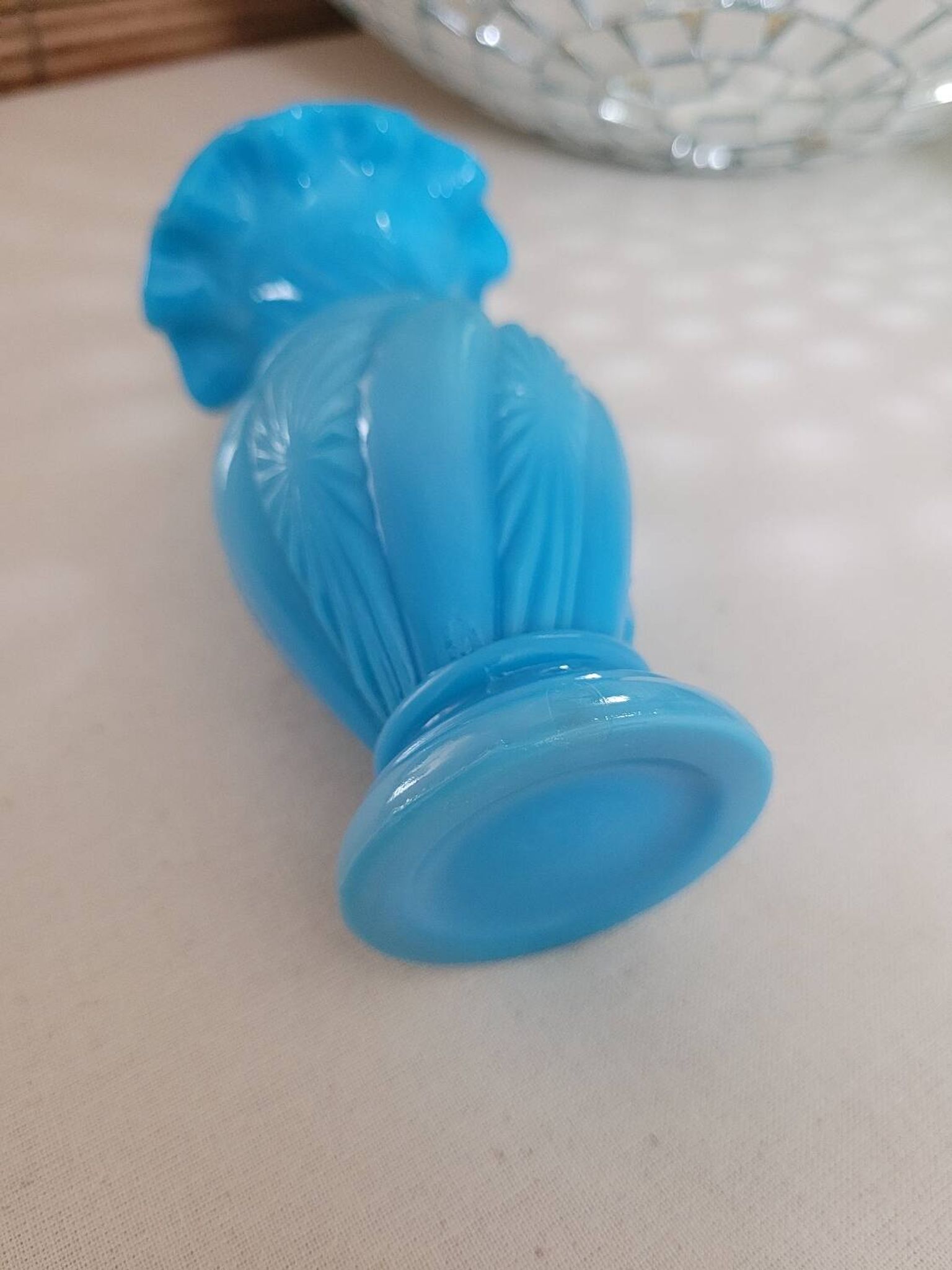 Lace-edged blue opaline vase